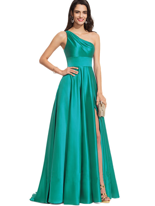 A Line Long Dress Silk like Satin One Shoulder Sleeveless Party Dress GD100539