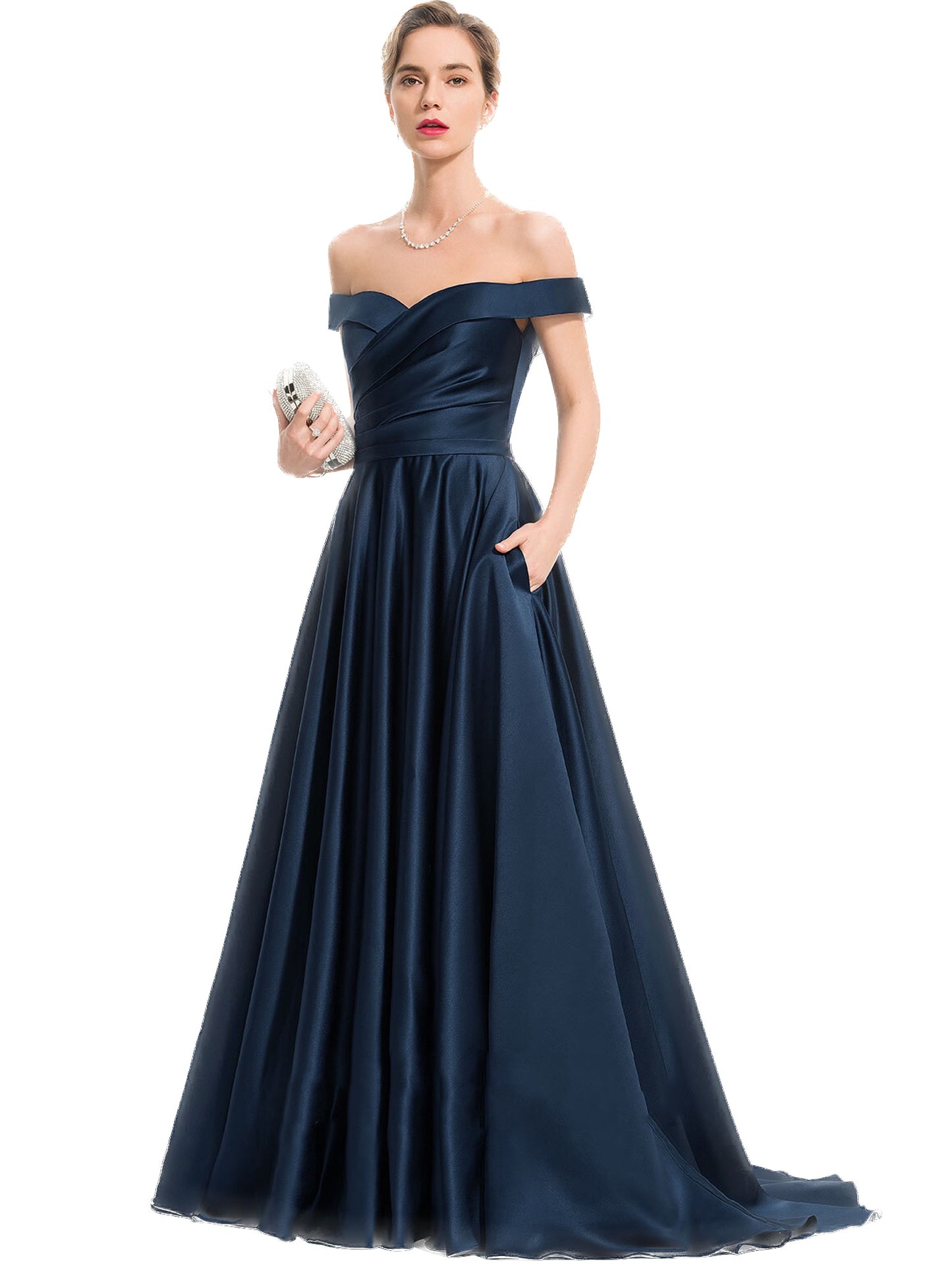 Satin Long Prom Dress Off-the-shoulder A Line Evening Ball Gown GD100543