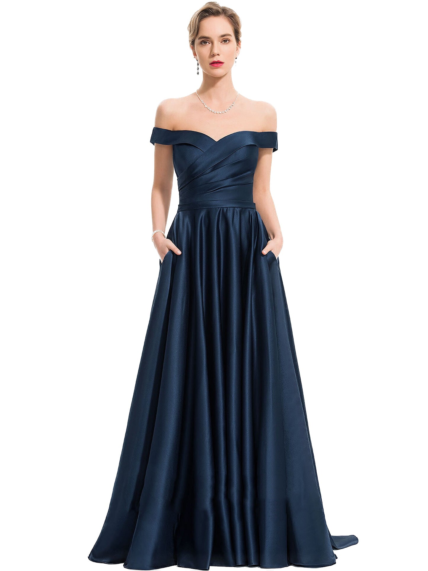 Satin Long Prom Dress Off-the-shoulder A Line Evening Ball Gown GD100543