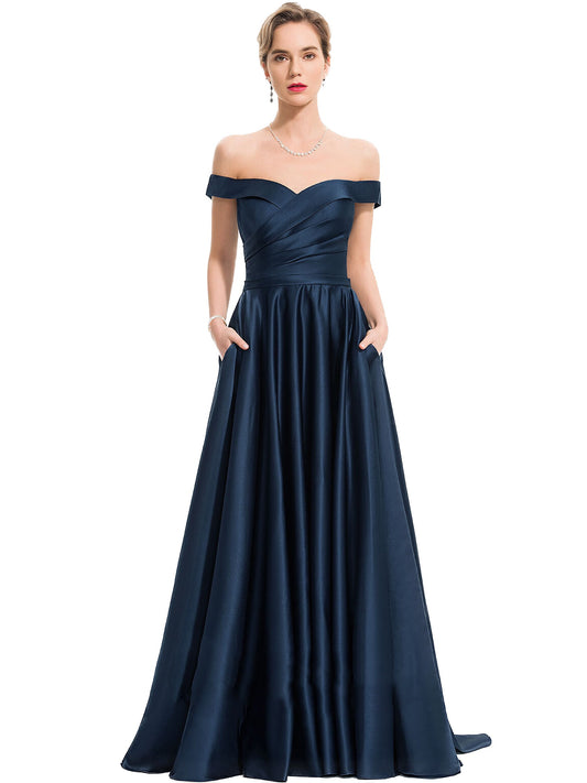 Satin Long Prom Dress Off-the-shoulder A Line Evening Ball Gown GD100543