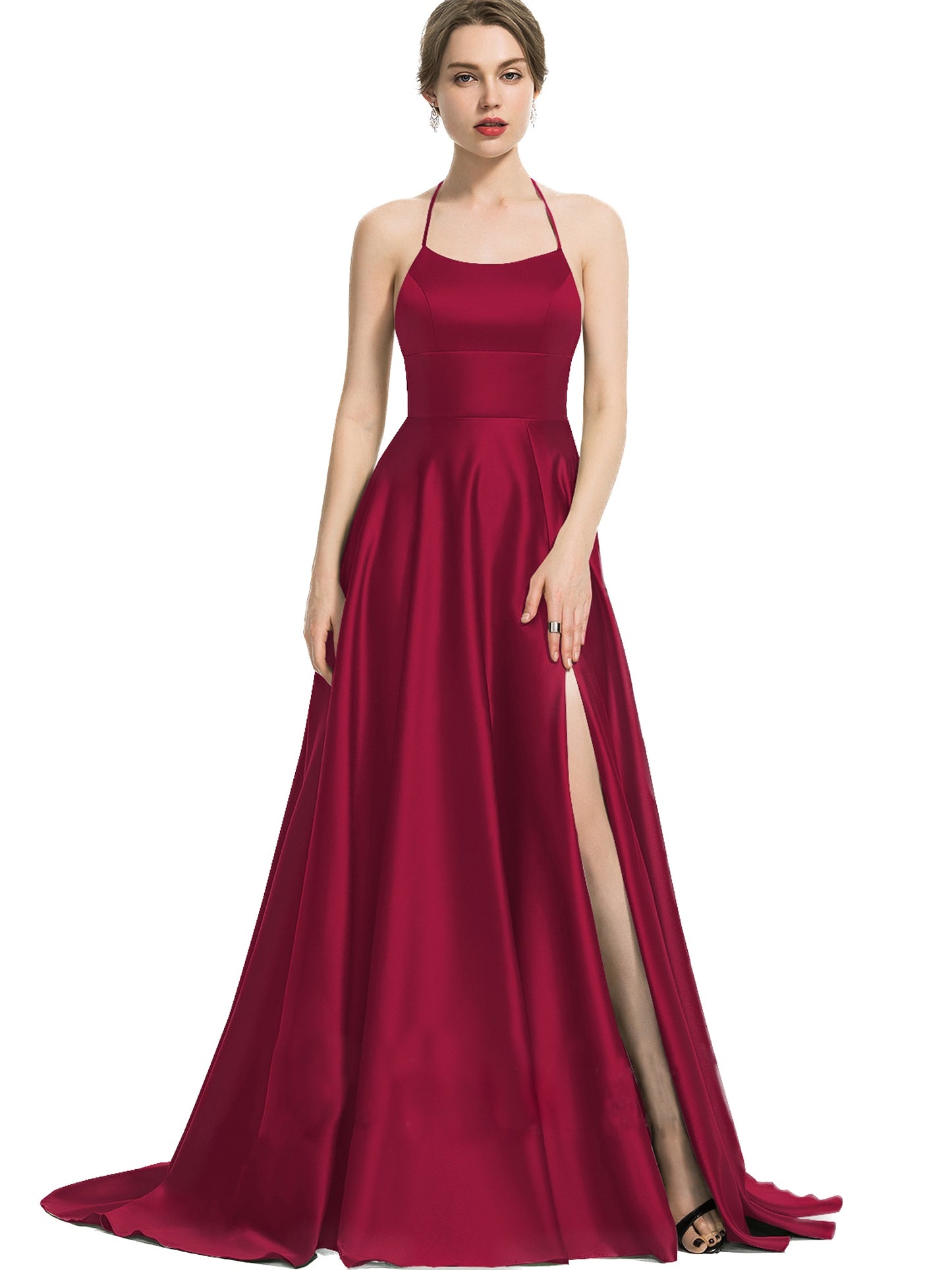 Satin Long Prom Dress Spaghetti Straps A Line Evening Ball Gown GD300013