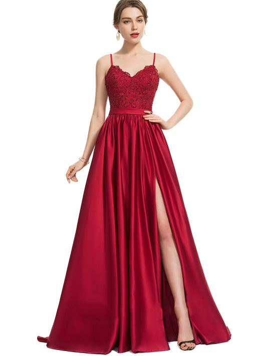 A Line Long Dress Lace Satin Spaghetti Straps Sleeveless Evening Ball Gown with Pockets GD100548