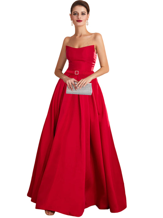 A Line Long Prom Dress Strapless Satin Slit Evening Ball Gown GD101542