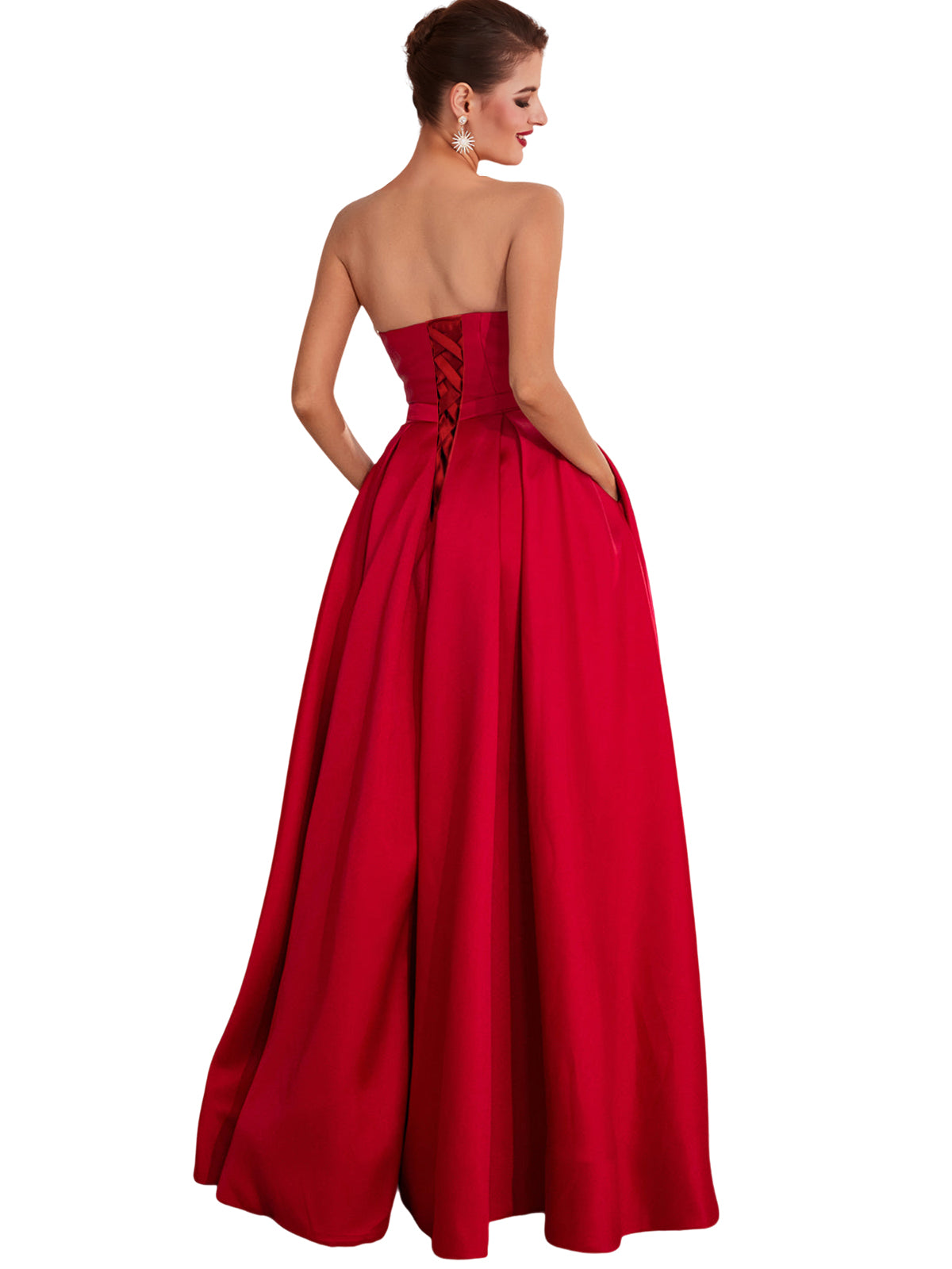 A Line Long Prom Dress Strapless Satin Slit Evening Ball Gown GD101542