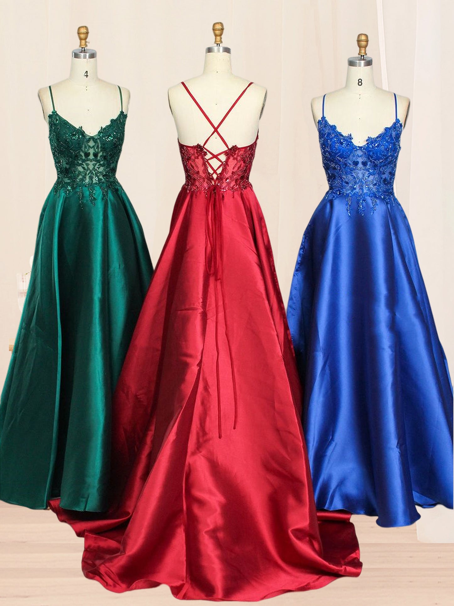 A Line Long Dress Lace Satin Spaghetti Straps Sleeveless Evening Ball Gown GD101655