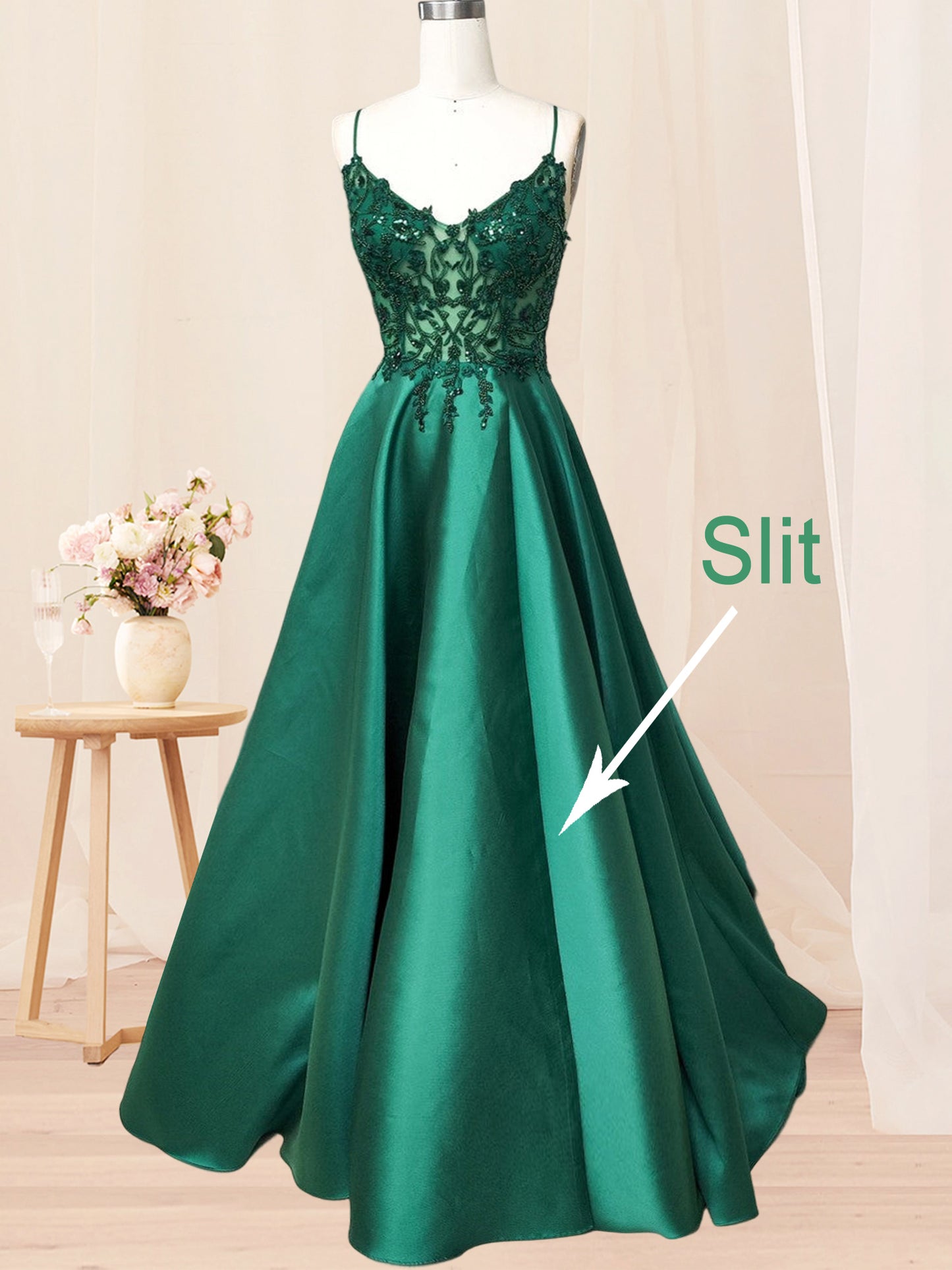 A Line Long Dress Lace Satin Spaghetti Straps Sleeveless Evening Ball Gown GD101655