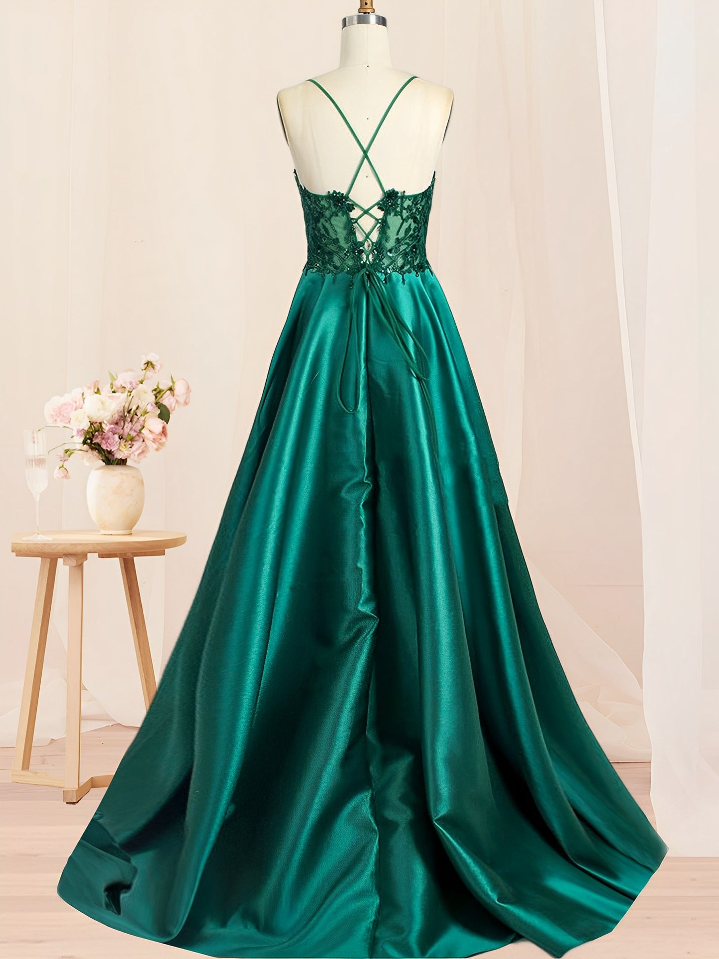A Line Long Dress Lace Satin Spaghetti Straps Sleeveless Evening Ball Gown GD101655