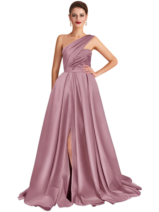 A Line Long Dress Lace Satin One Shoulder Sleeveless Evening Ball Gown GD101656