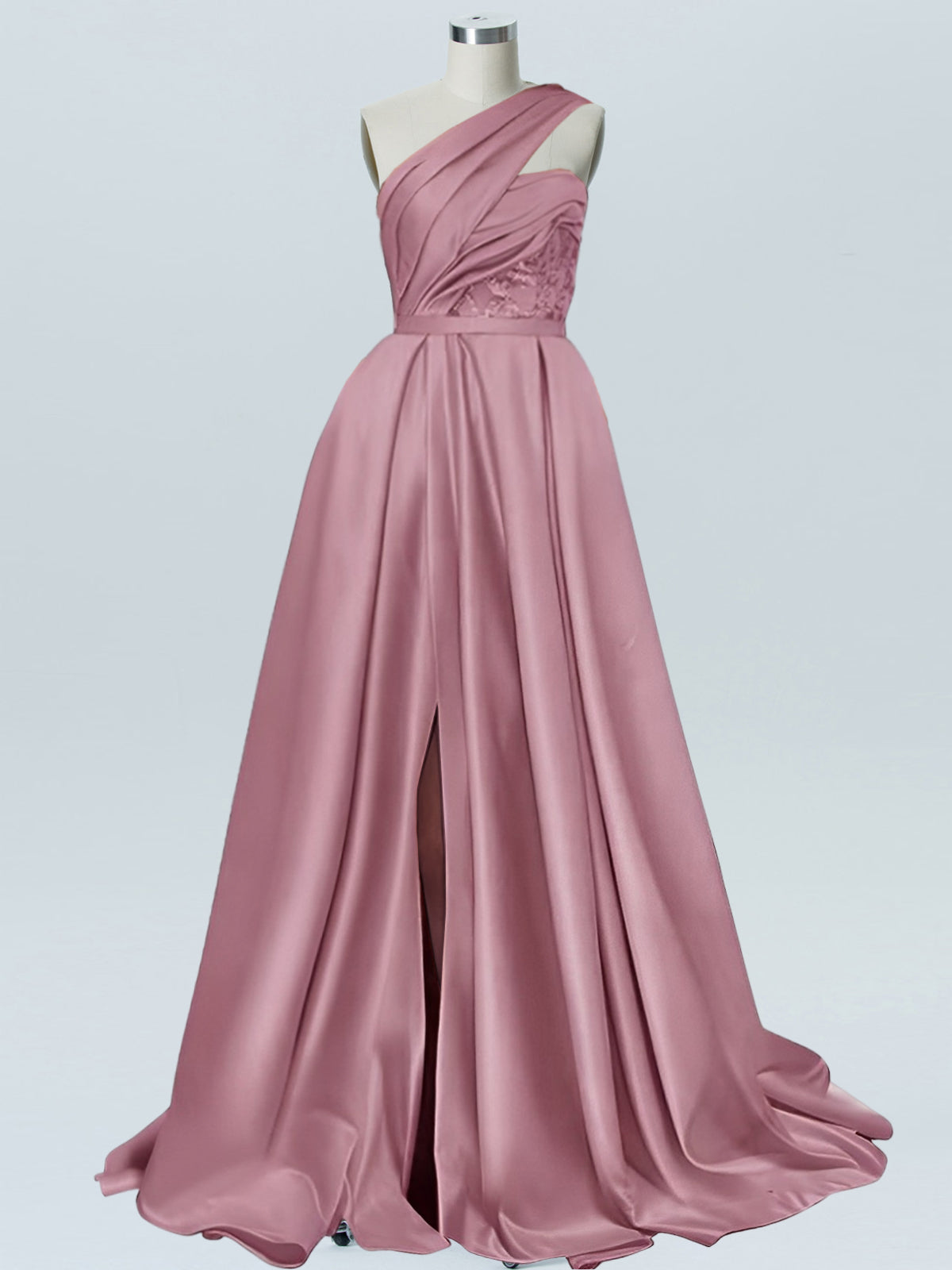 A Line Long Dress Lace Satin One Shoulder Sleeveless Evening Ball Gown GD101656