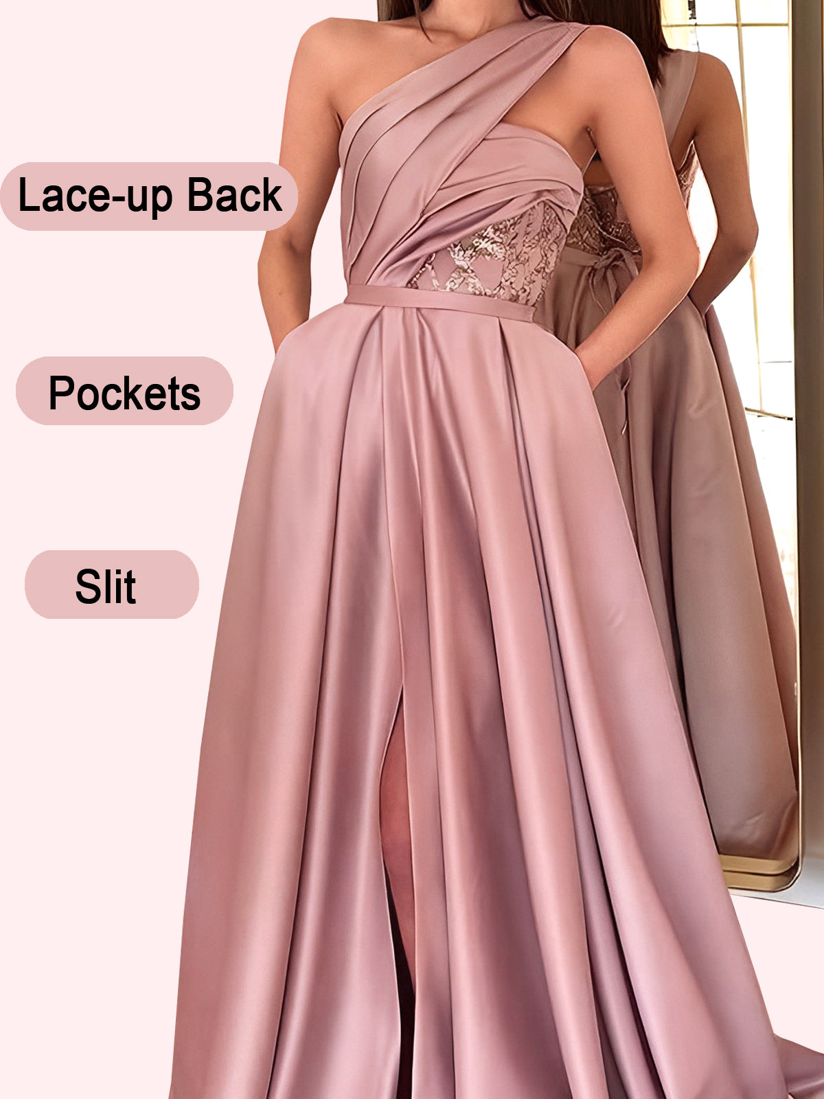 A Line Long Dress Lace Satin One Shoulder Sleeveless Evening Ball Gown GD101656