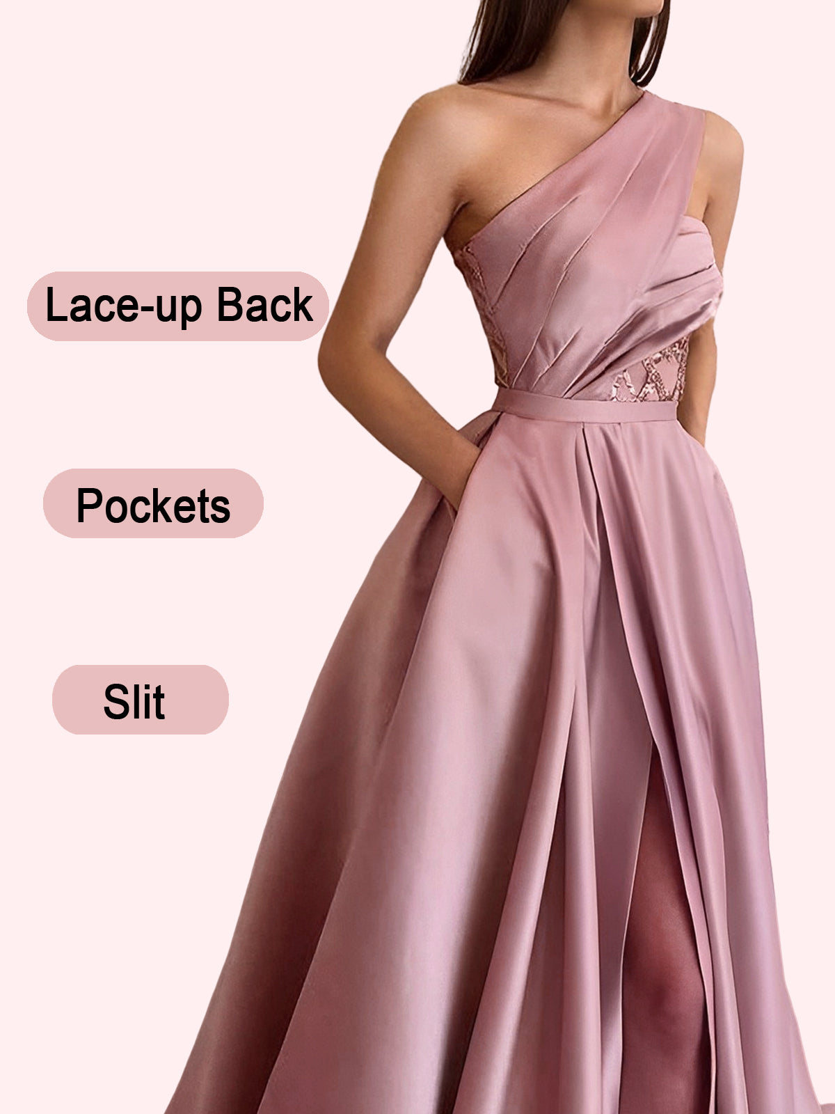 A Line Long Dress Lace Satin One Shoulder Sleeveless Evening Ball Gown GD101656