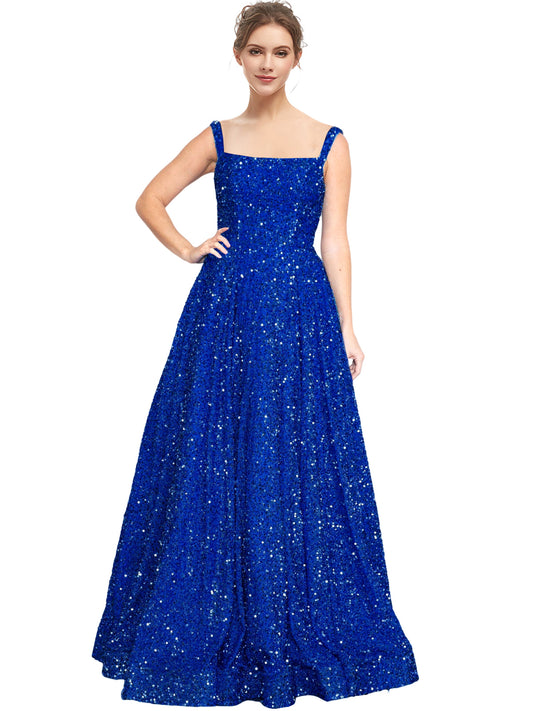Sequin Long Dress Bateau/Boat Sleeveless A Line Evening Ball Gown GD300003