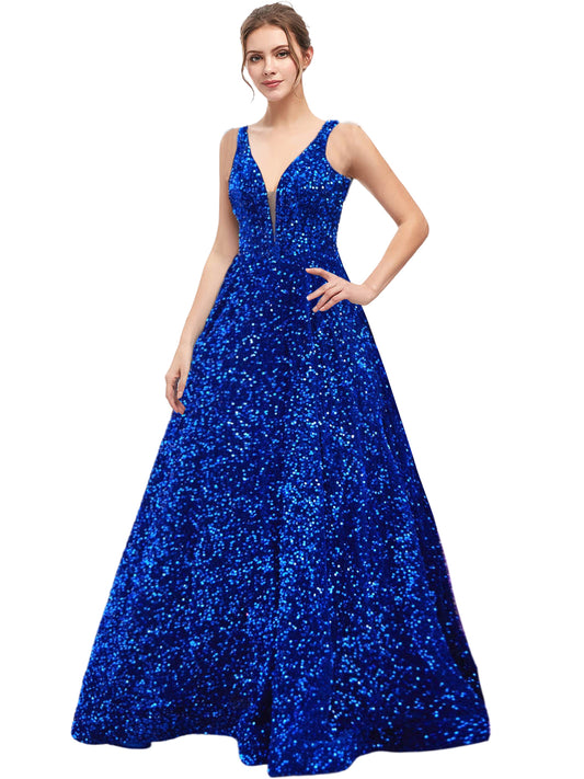 Sequin Long Prom Dress V Neck A Line Evening Ball Gown with Pockets GD300006