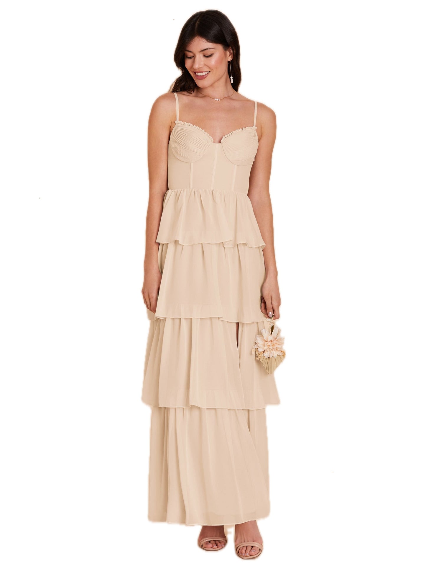 Pearl Chiffon Long Prom Dress Spaghetti Straps Ball Gown GD300032