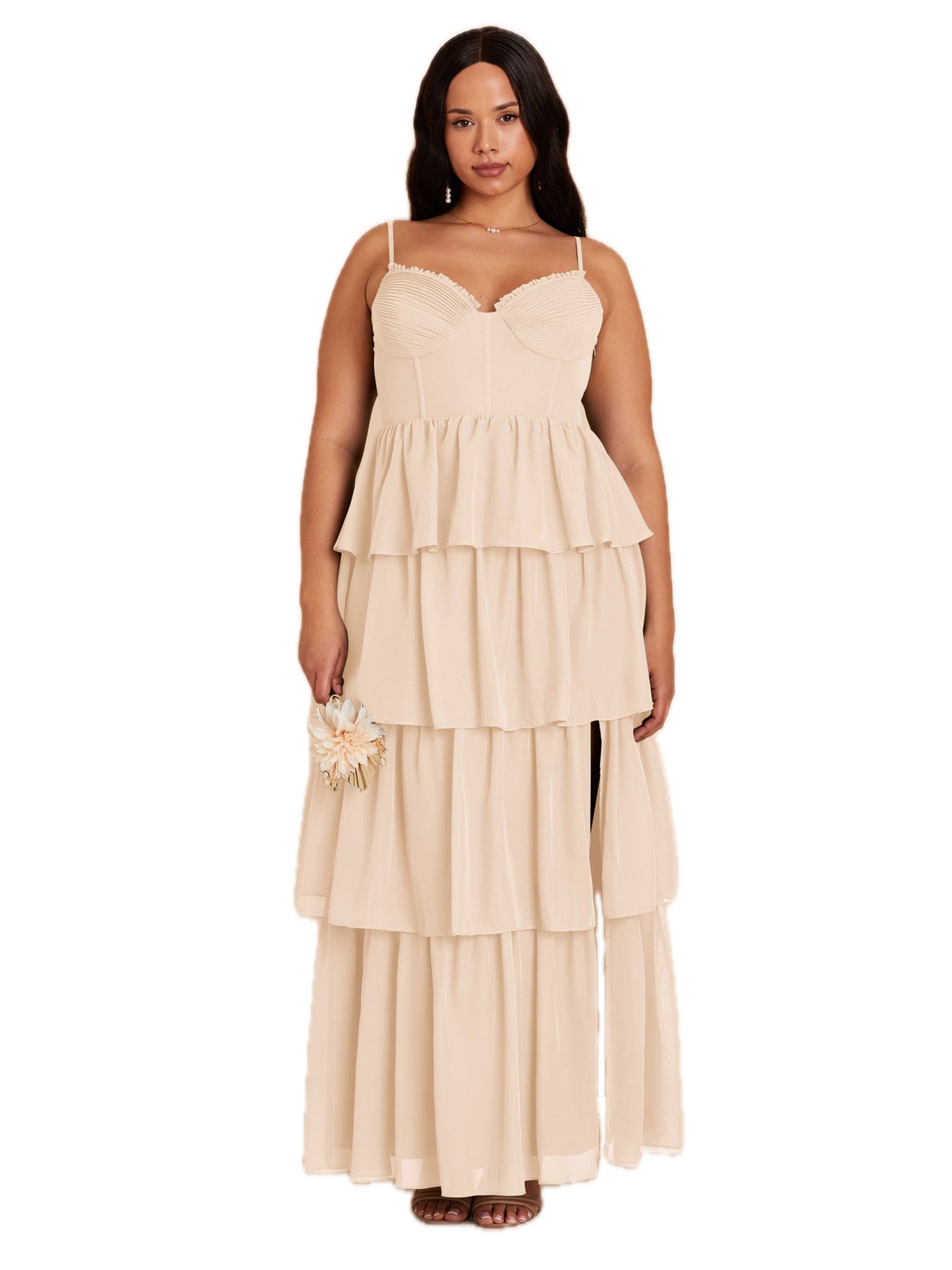 Pearl Chiffon Long Prom Dress Spaghetti Straps Ball Gown GD300032