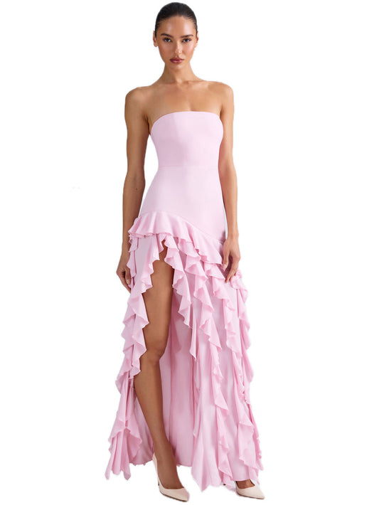 Pearl Chiffon Sheath Long Prom Dress Strapless Ball Gown GD300031