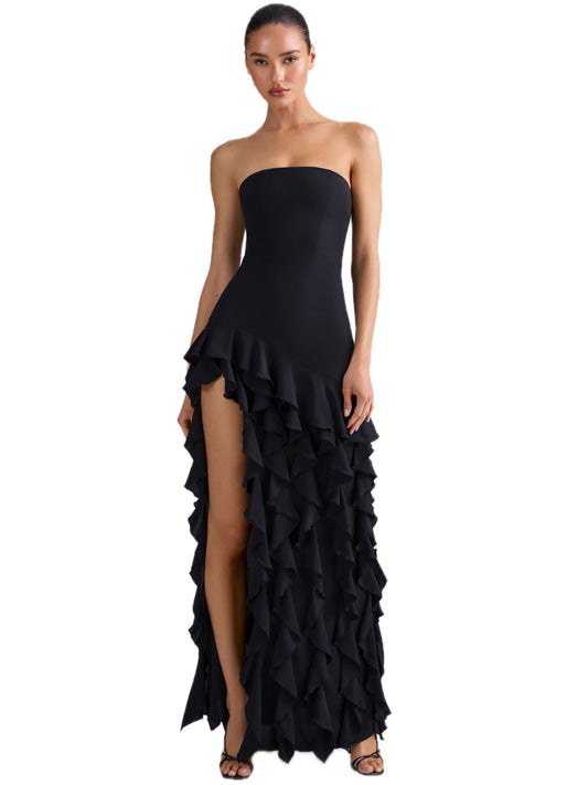 Pearl Chiffon A Line Long Prom Dress Strapless Ball Gown GD300019