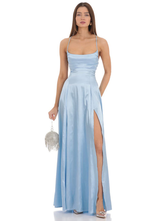 A Line Long Prom Dress Sweetheart Satin Slit Evening Ball Gown GD300021