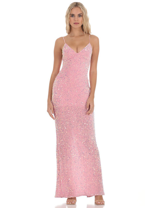 Sequin Long Prom Dress Spaghetti Straps Evening Ball Gown GD300022