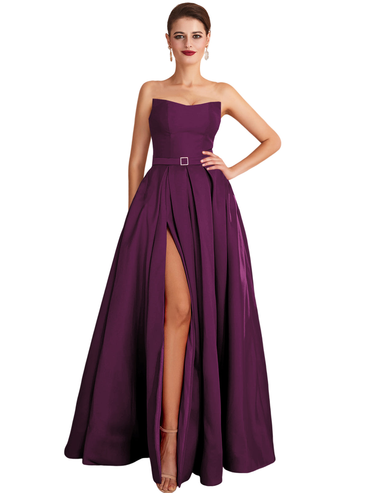 A Line Long Prom Dress Strapless Satin Slit Evening Ball Gown GD101542