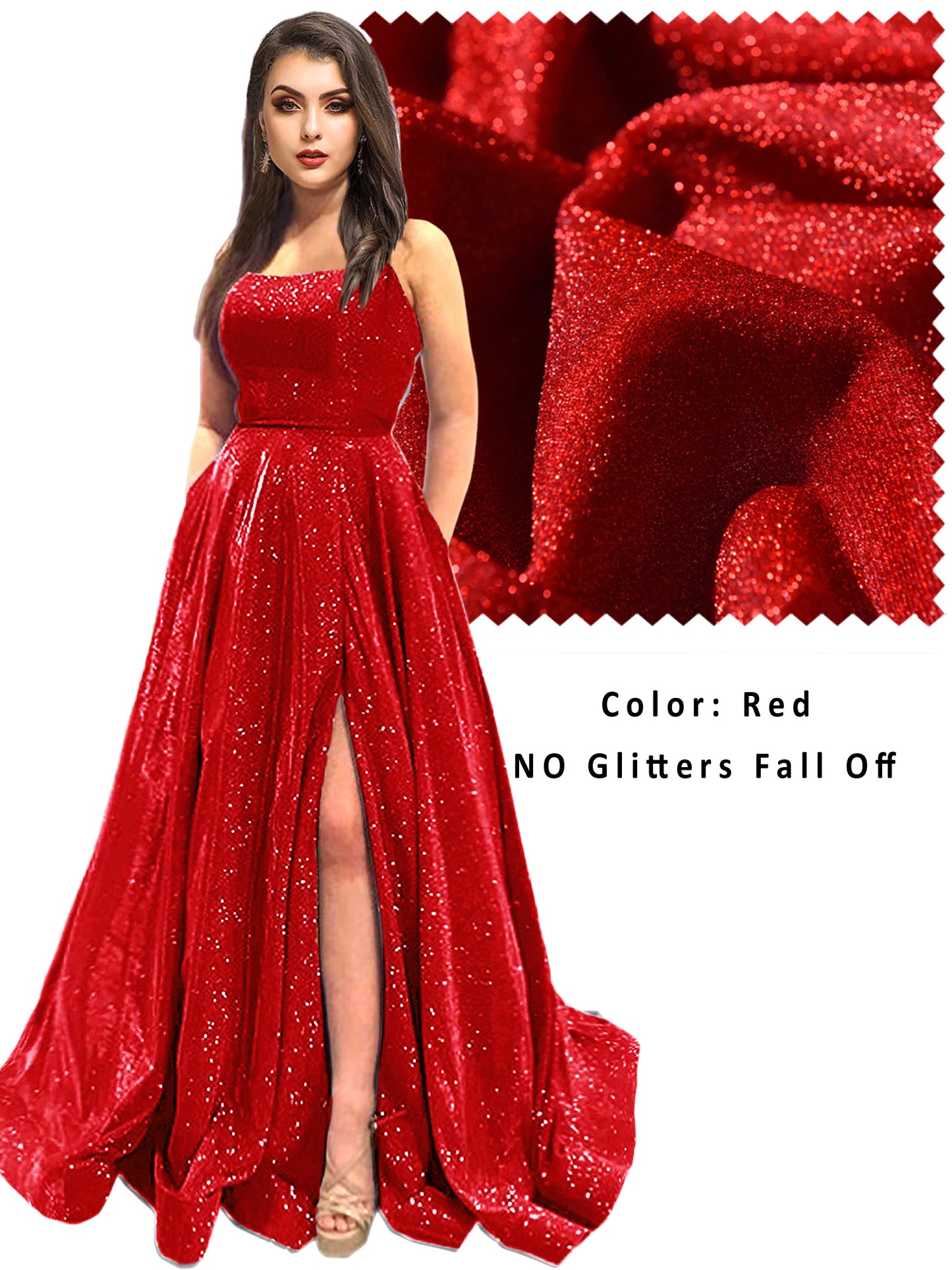 Women's Long Dress Glitter Bateau/Boat Slit Evening Ball Gown with Pockets GD100025