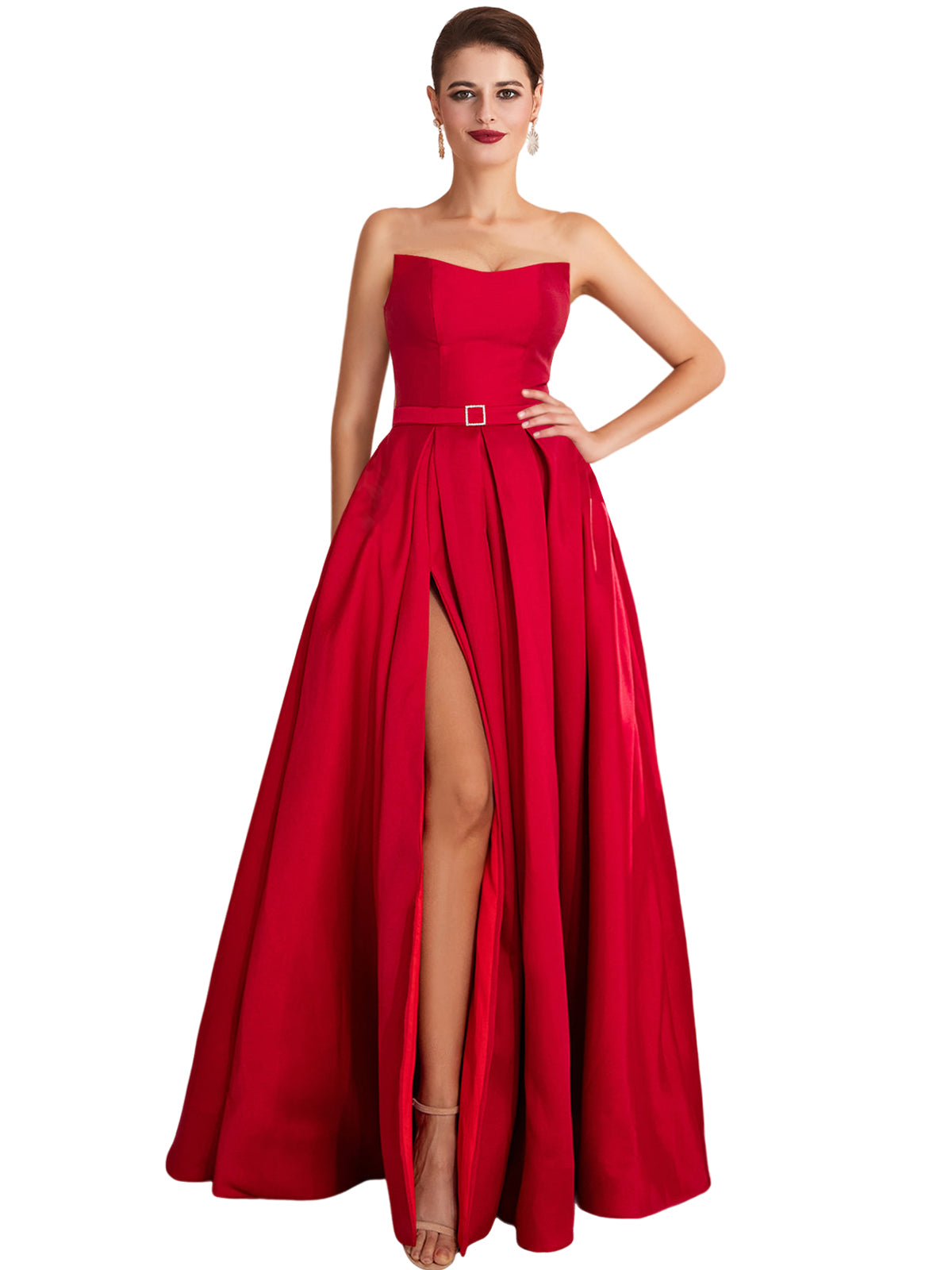 A Line Long Prom Dress Strapless Satin Slit Evening Ball Gown GD101542