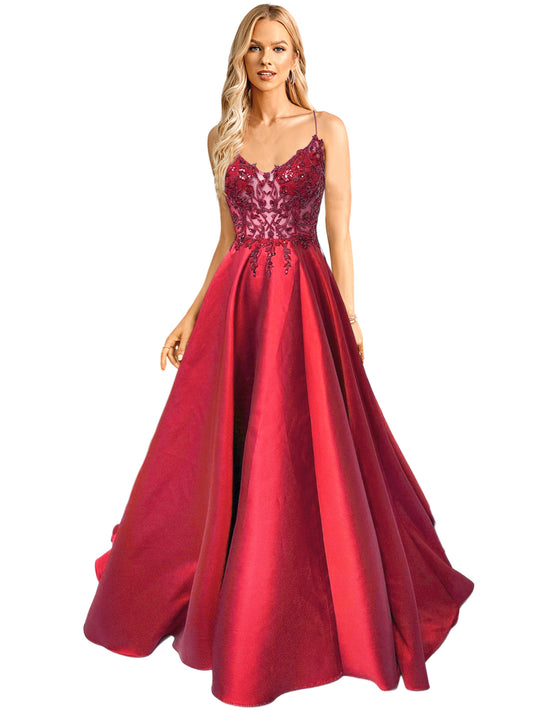 A Line Long Dress Lace Satin Spaghetti Straps Sleeveless Evening Ball Gown GD101655