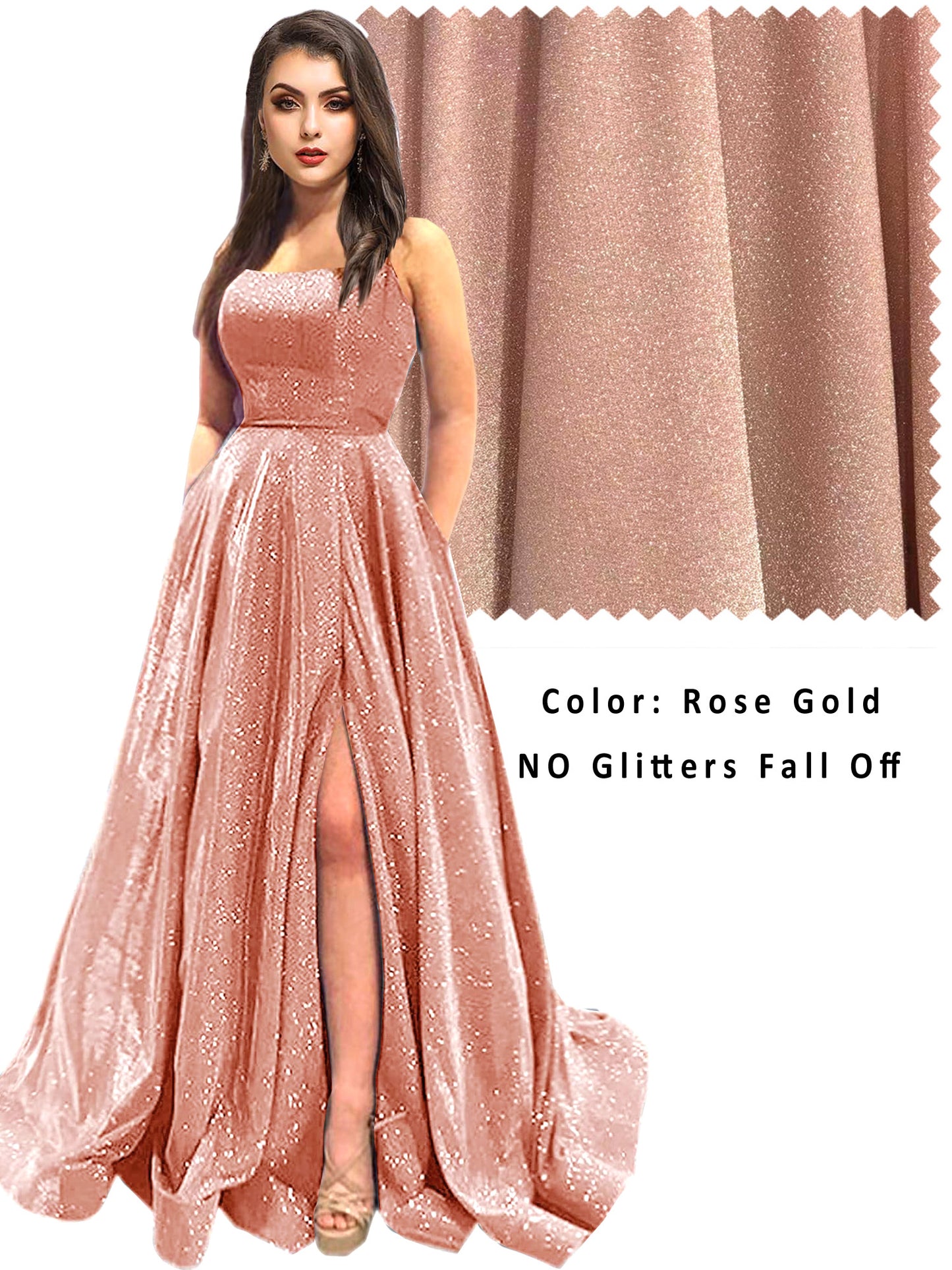 Women's Long Dress Glitter Bateau/Boat Slit Evening Ball Gown with Pockets GD100025