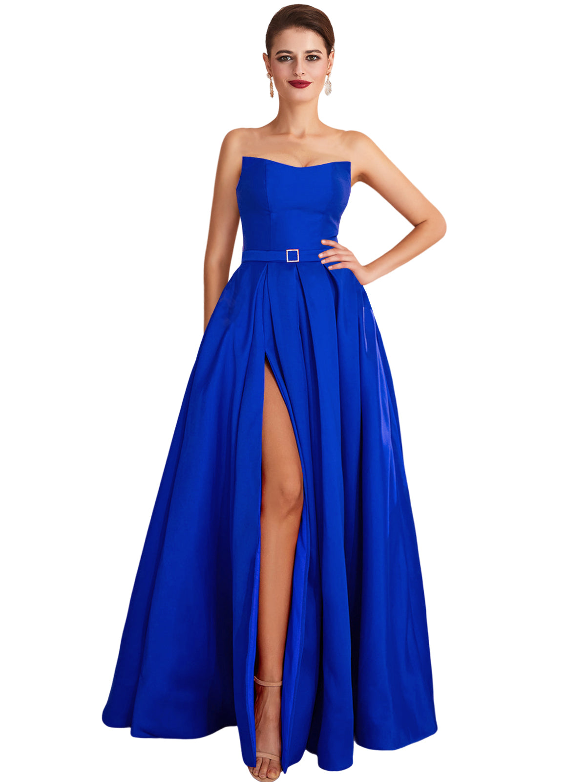 A Line Long Prom Dress Strapless Satin Slit Evening Ball Gown GD101542