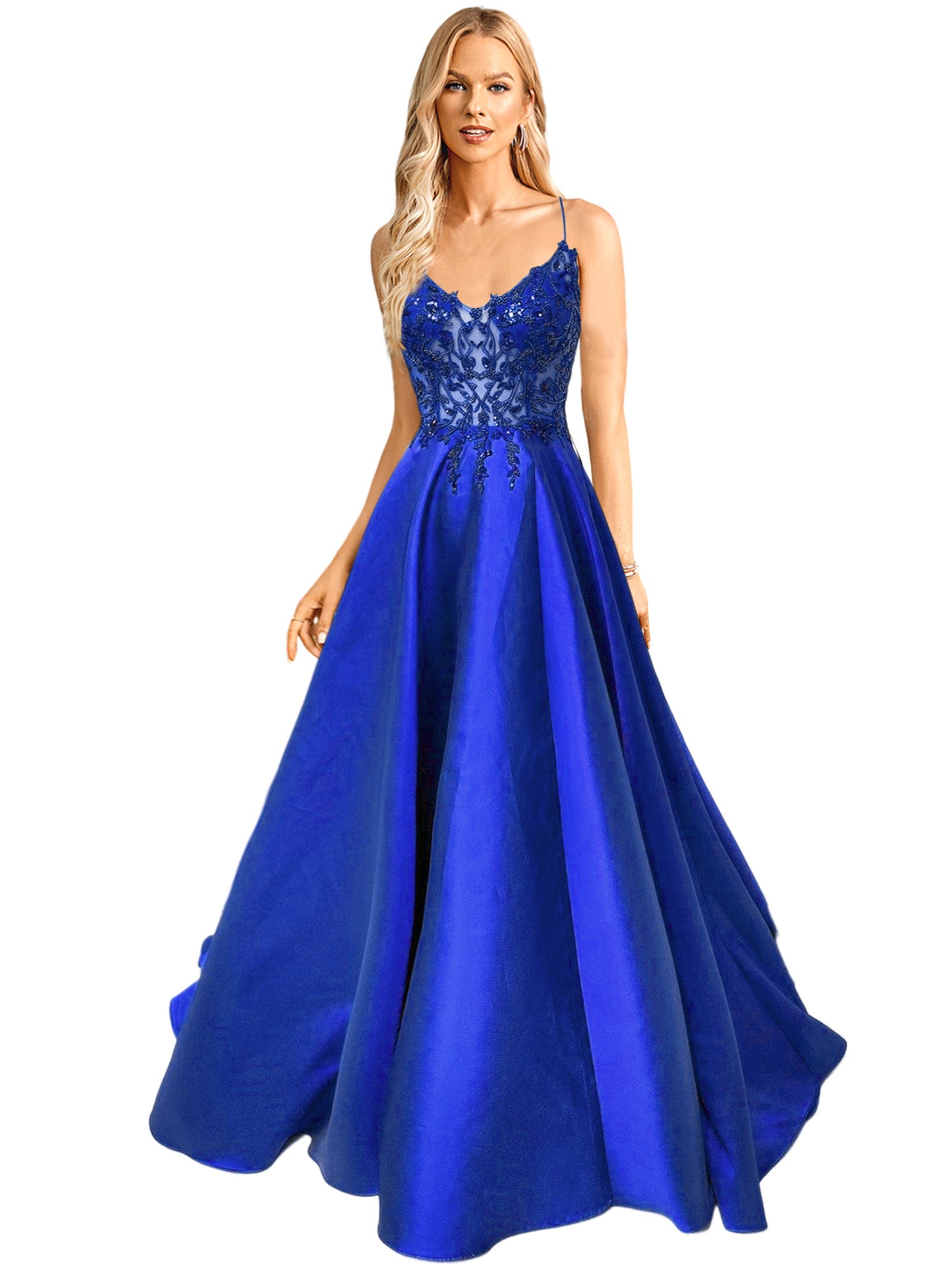 A Line Long Dress Lace Satin Spaghetti Straps Sleeveless Evening Ball Gown GD101655