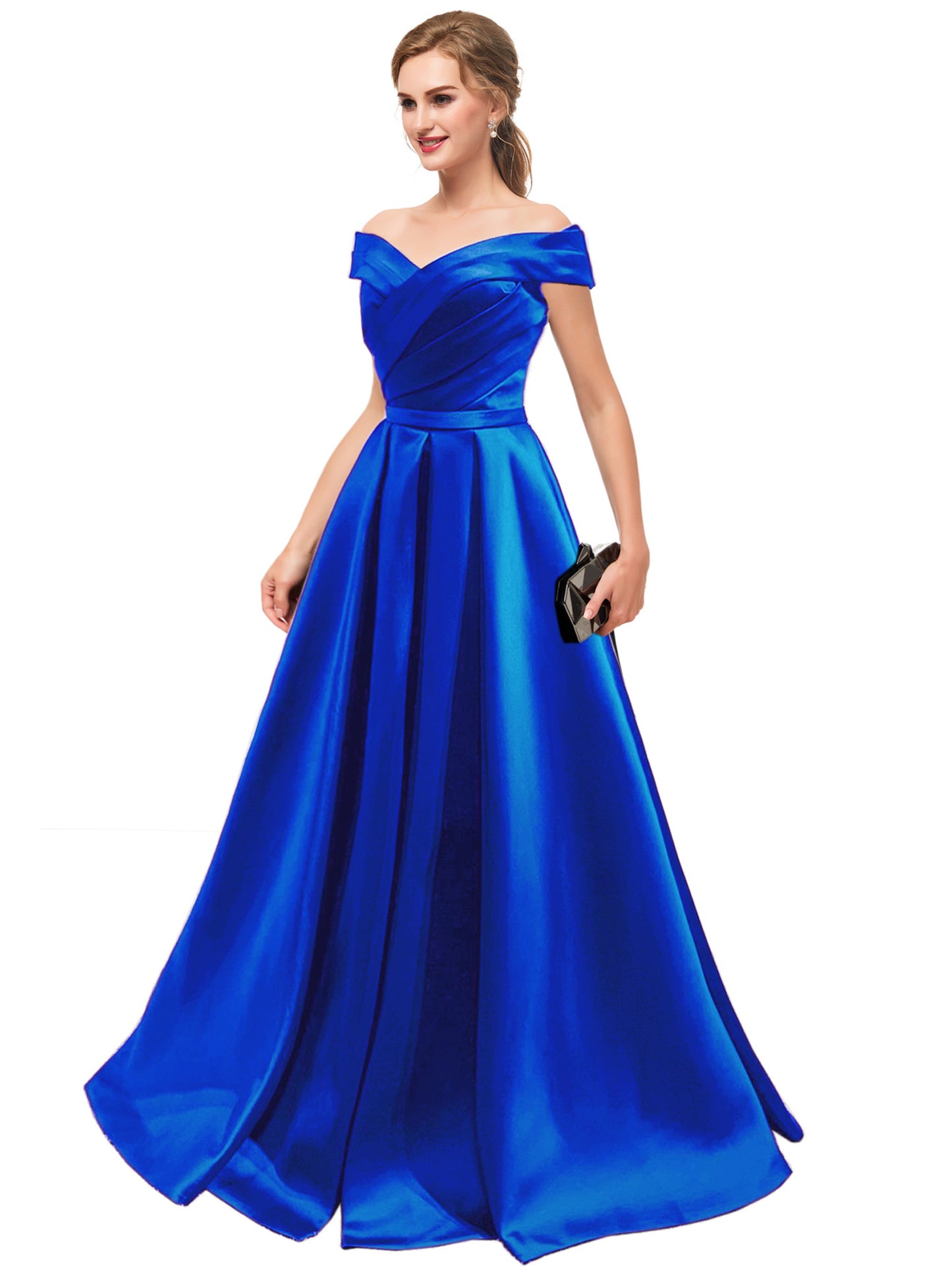 Satin Long Prom Dress Off the Shoulder A Line Evening Ball Gown with Pockets GD1190