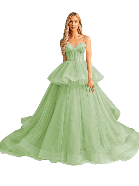 Tulle A Line Long Prom Dress V Neck Evening Ball Gown GD101509