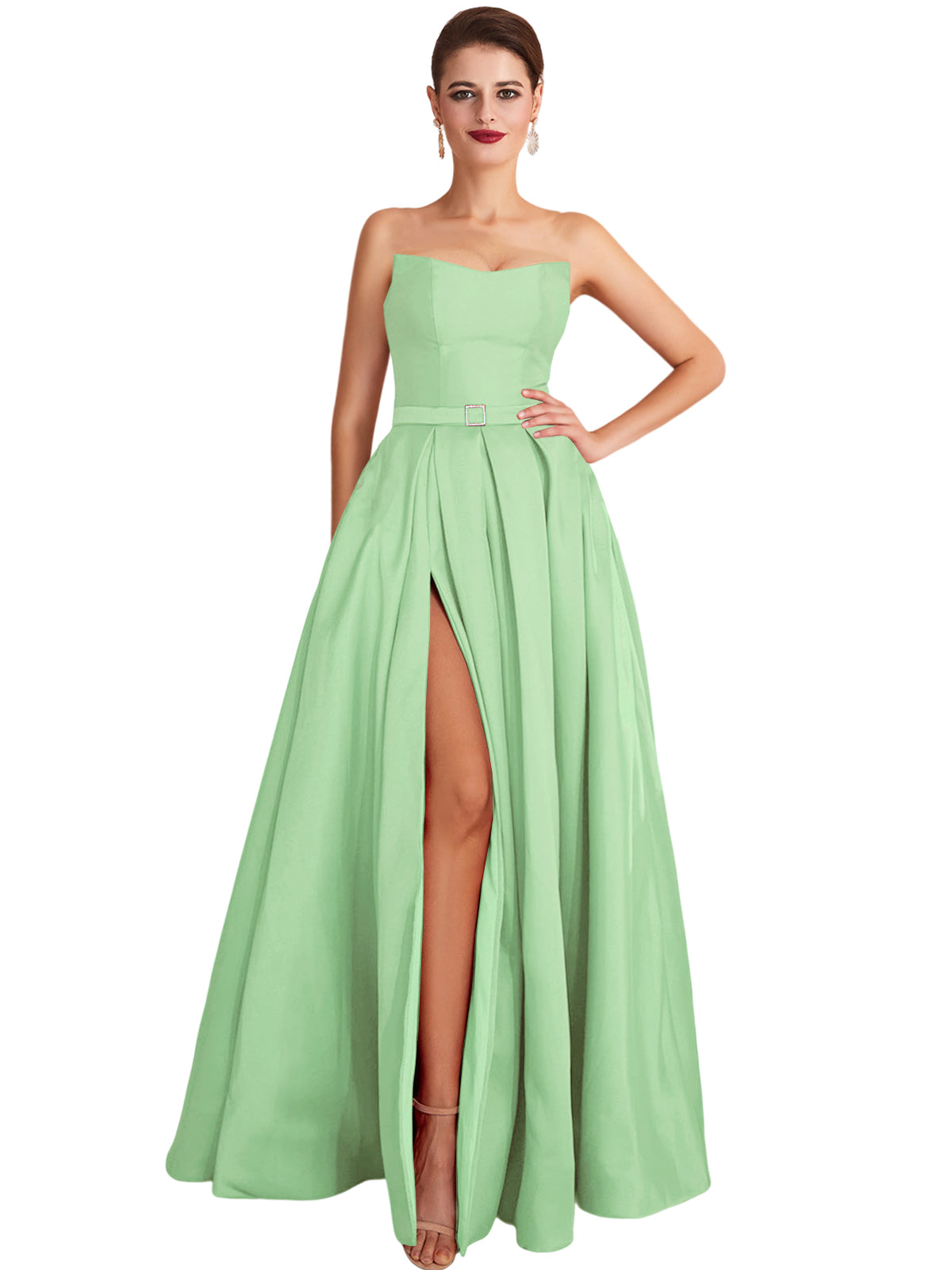 A Line Long Prom Dress Strapless Satin Slit Evening Ball Gown GD101542
