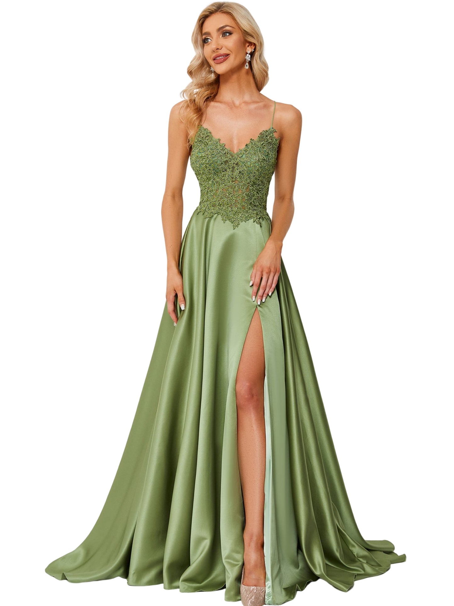A Line Long Prom Dress Lace Satin Evening Ball Gown GD101504