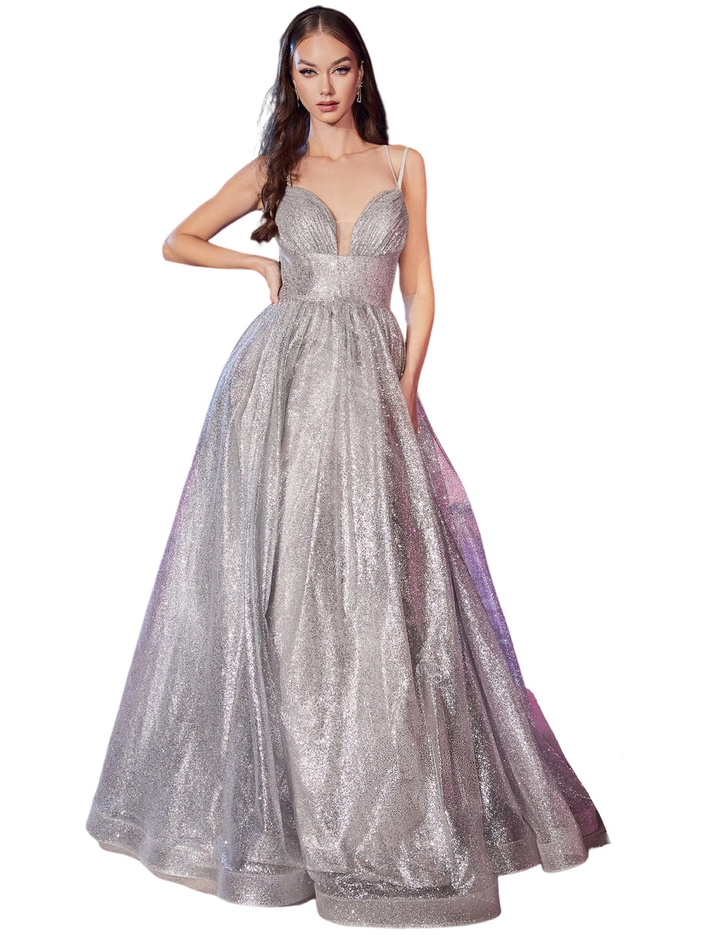 Glitter Tulle Long Dress V Neck Evening Ball Gown GD101682