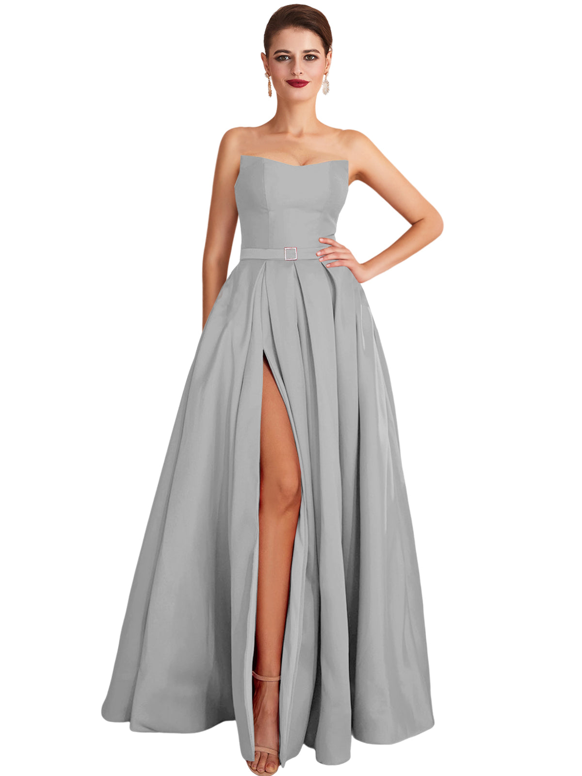 A Line Long Prom Dress Strapless Satin Slit Evening Ball Gown GD101542
