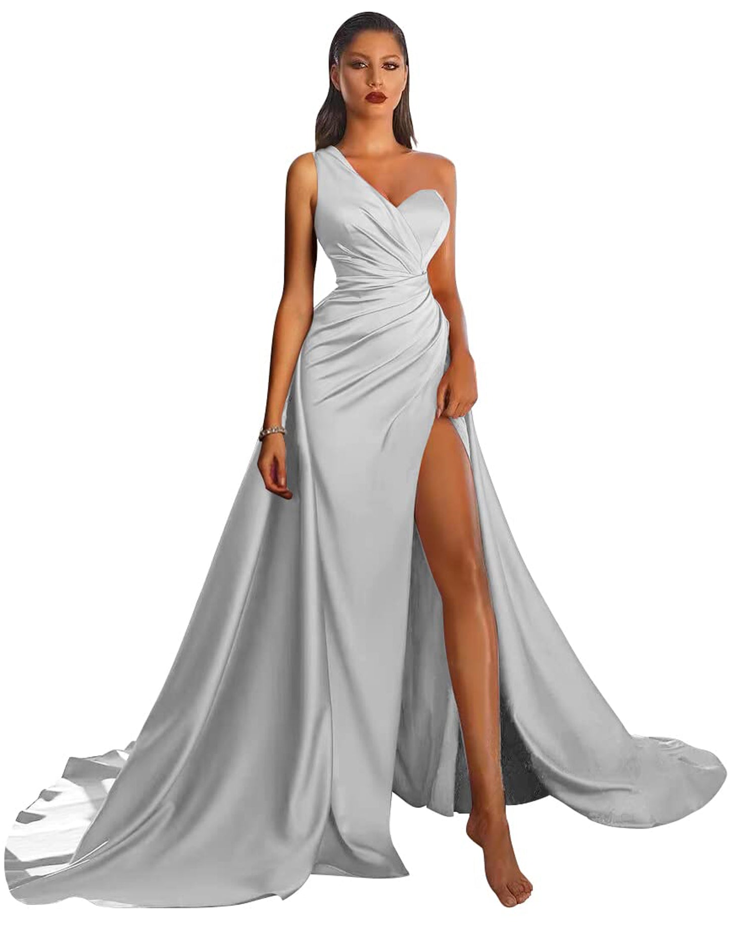 A Line Long Prom Dress One Shoulder Satin Slit Evening Ball Gown GD101506
