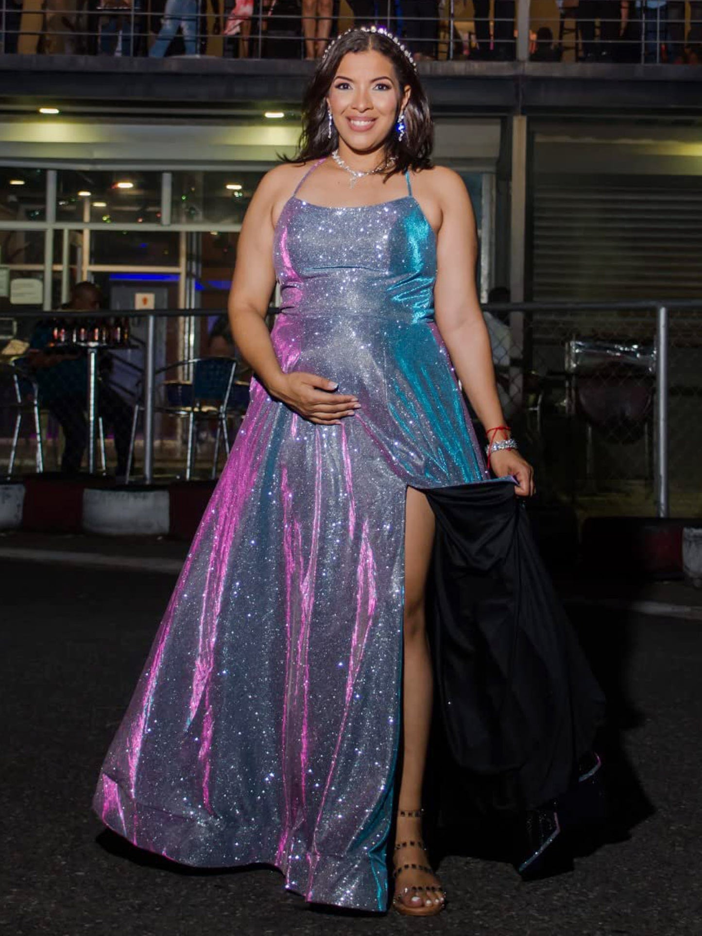 Women's Long Dress Glitter Bateau/Boat Slit Evening Ball Gown with Pockets GD100025
