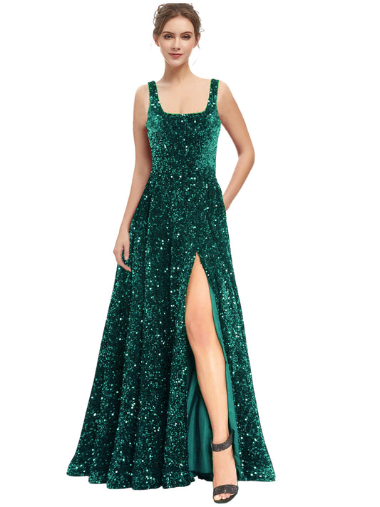 Women's Long Dress Sequin Bateau/Boat Back Strap Slit Fashion Long Sleeveless Party Dress GD101932