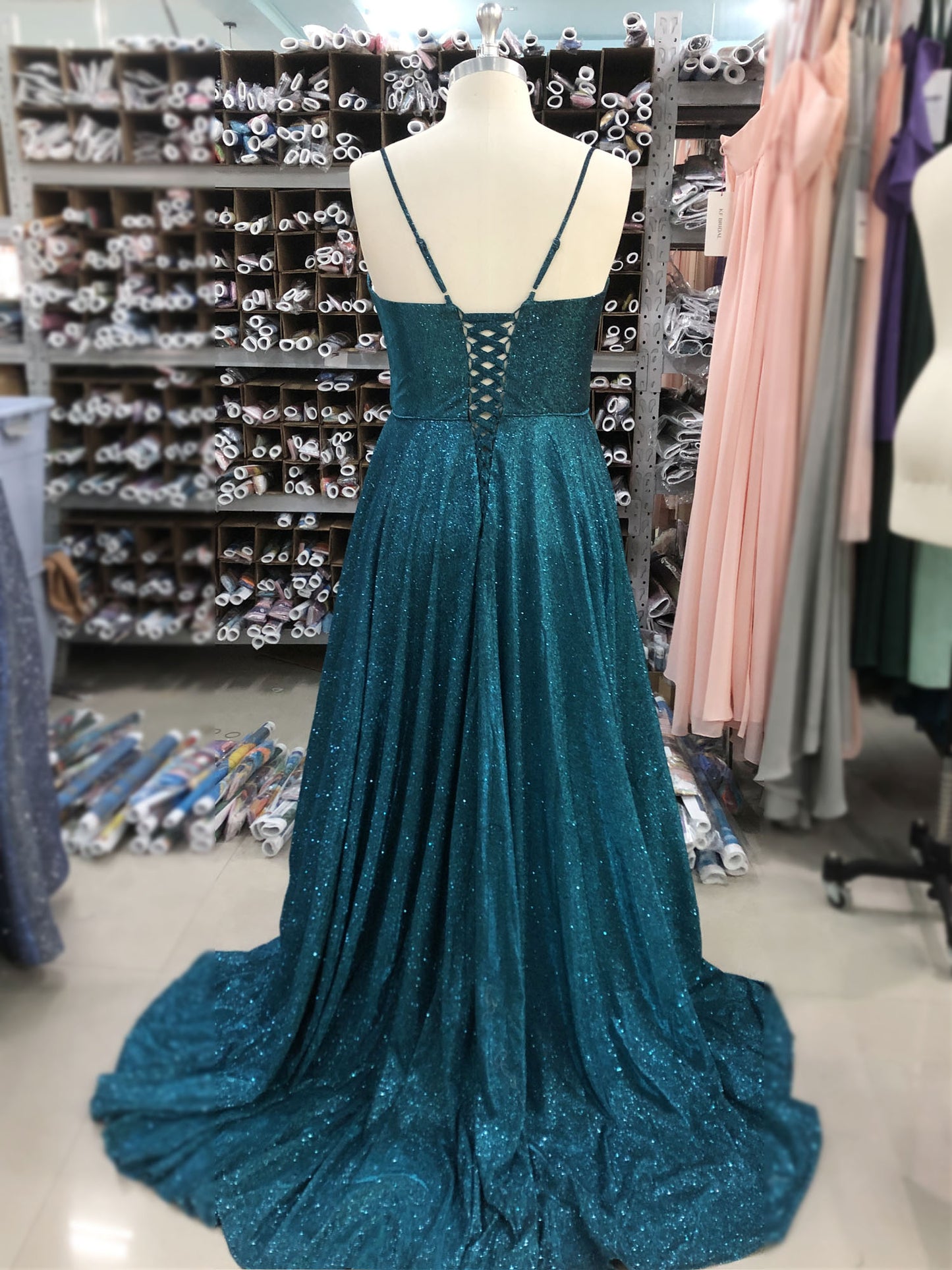 Women's Long Dress Glitter V-neck Slits Back Strap Fashion Long Sleeveless Slit Party Dress B19390