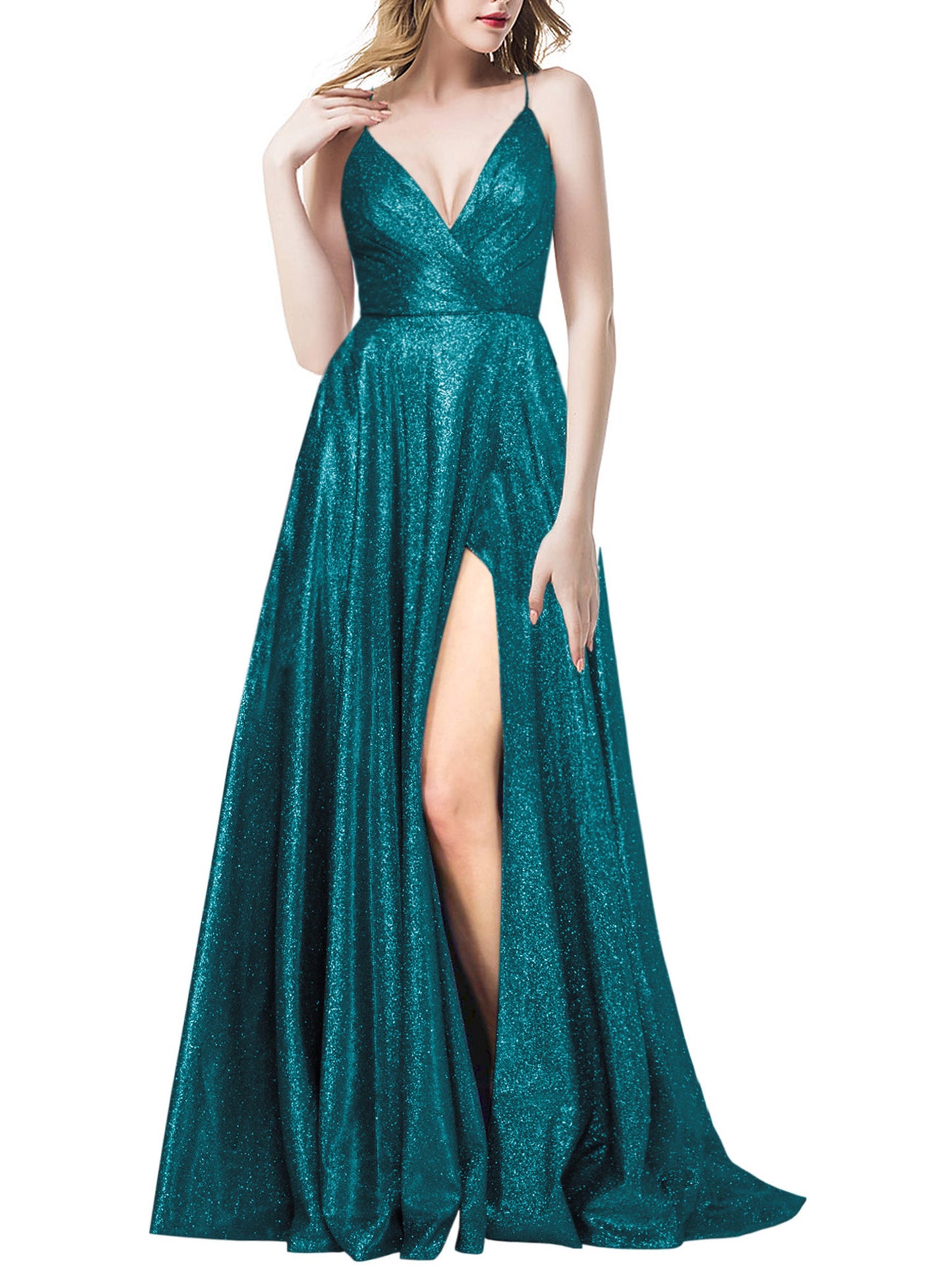 Women's Long Dress Glitter V-neck Slits Back Strap Fashion Long Sleeveless Slit Party Dress B19390