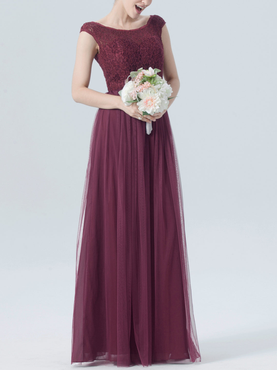 Lace Boat Neck Cap Sleeves Bridesmaid Dress| Plus Size 60+