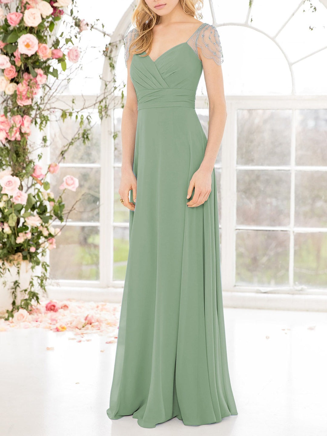 Chiffon V-Neck Cap Sleeves Bridesmaid Dress| Plus Size 60+