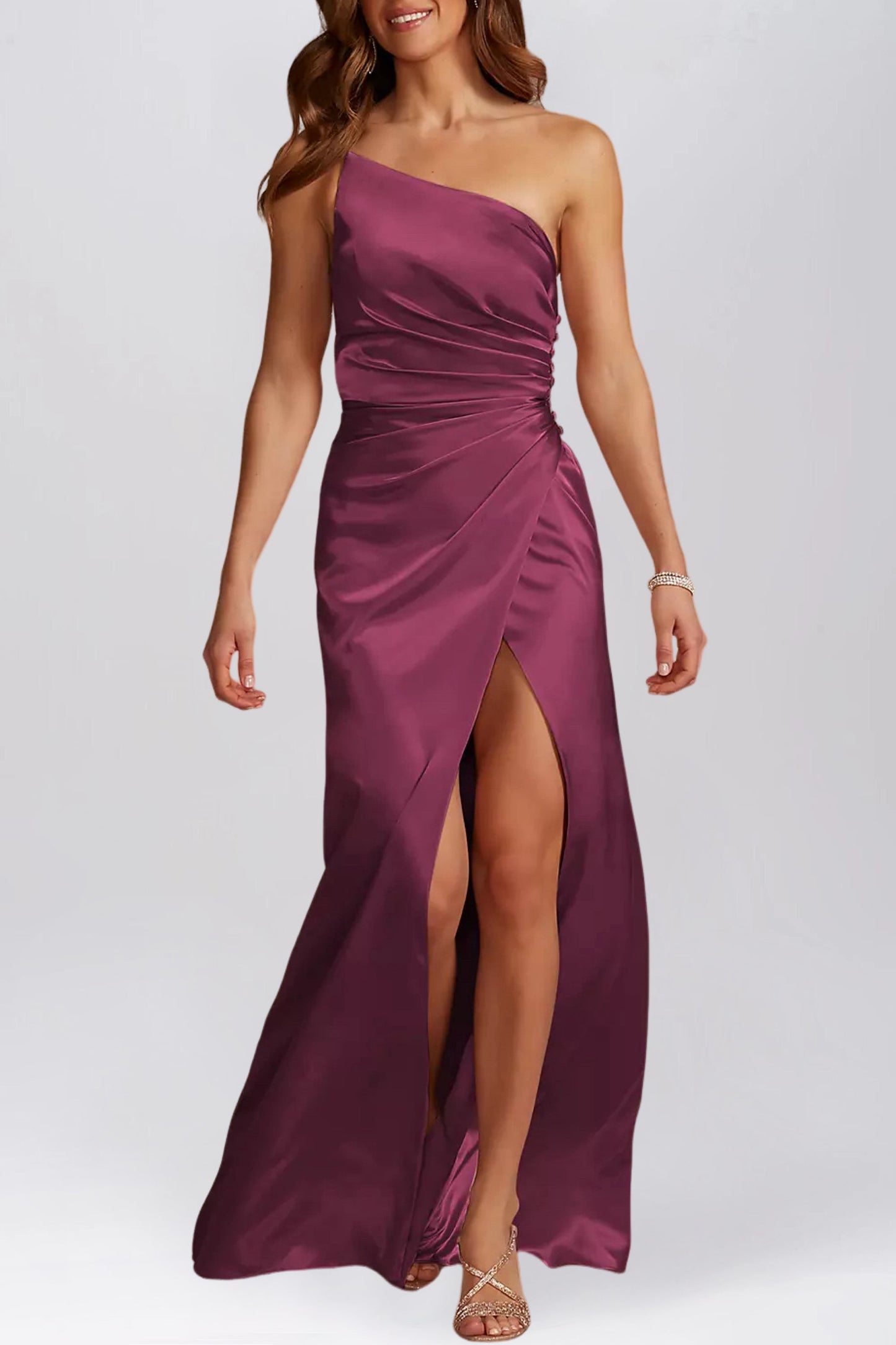 Stretch Satin Column One Shoulder Sleeveless Bridesmaid Dress-F0313045