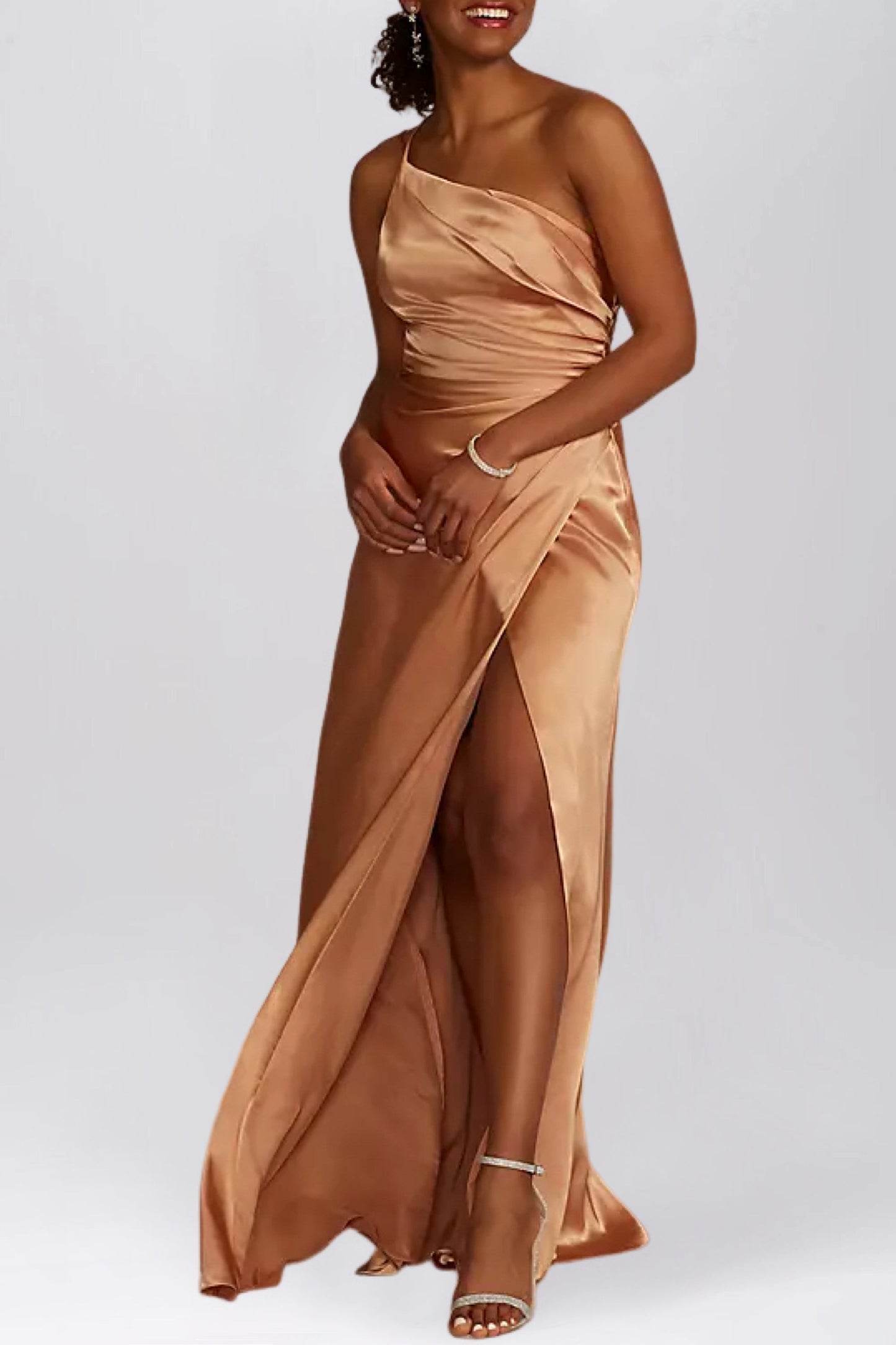 Stretch Satin Column One Shoulder Sleeveless Bridesmaid Dress-F0313045