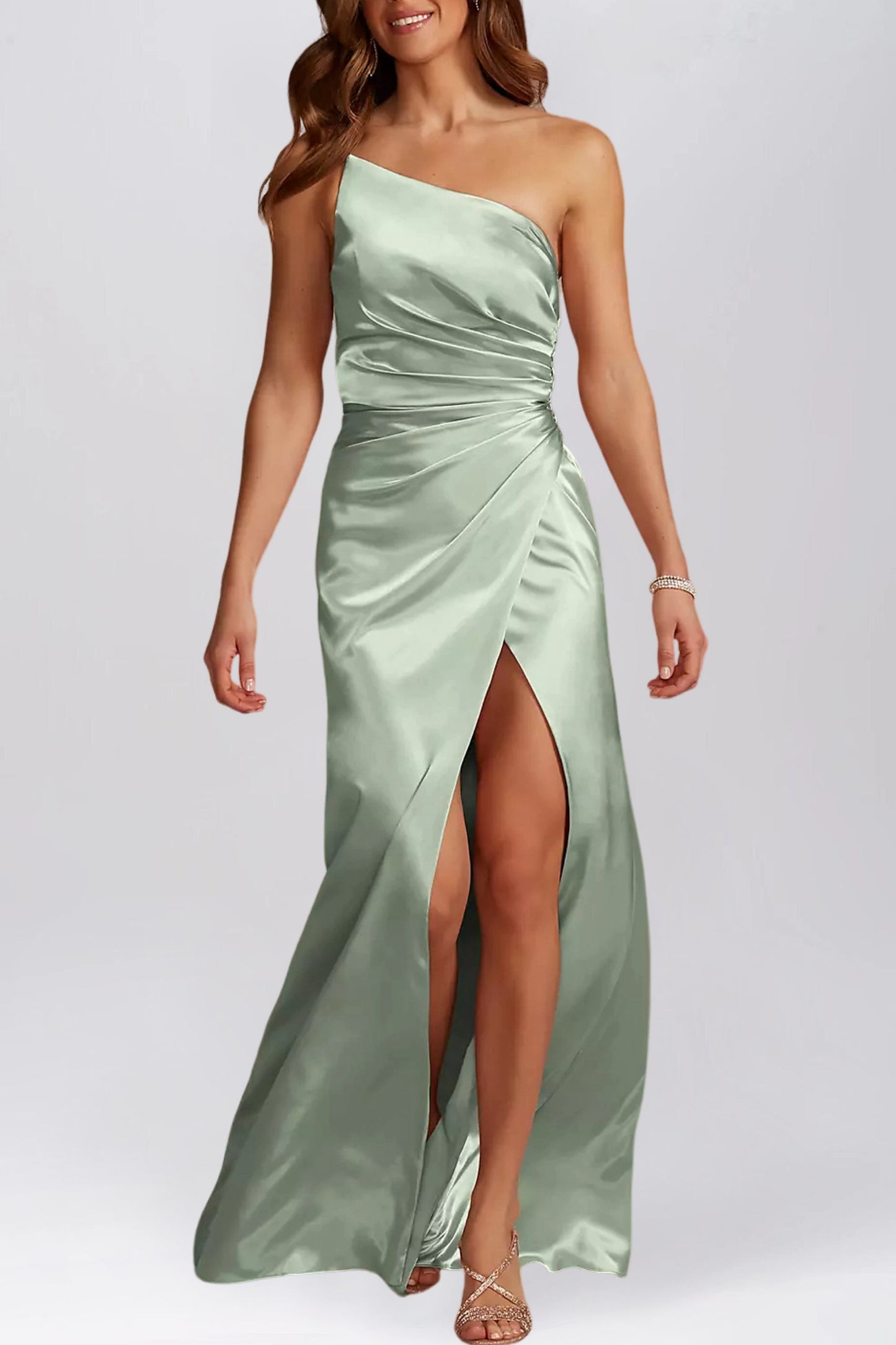 Stretch Satin Column One Shoulder Sleeveless Bridesmaid Dress-F0313045