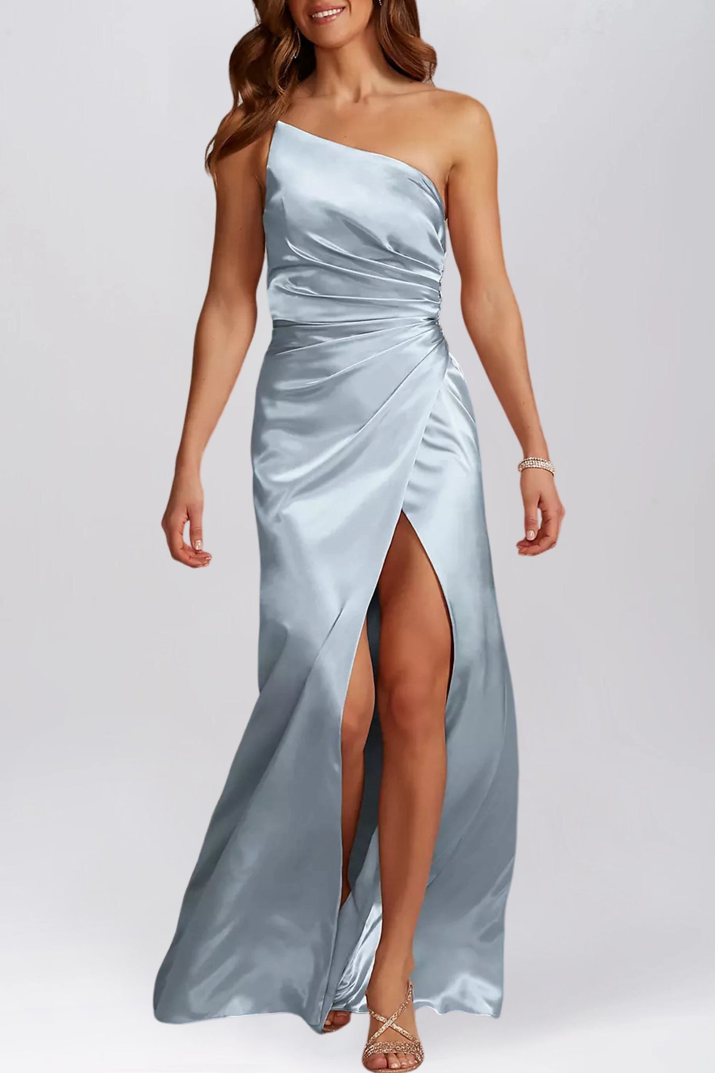 Stretch Satin Column One Shoulder Sleeveless Bridesmaid Dress-F0313045