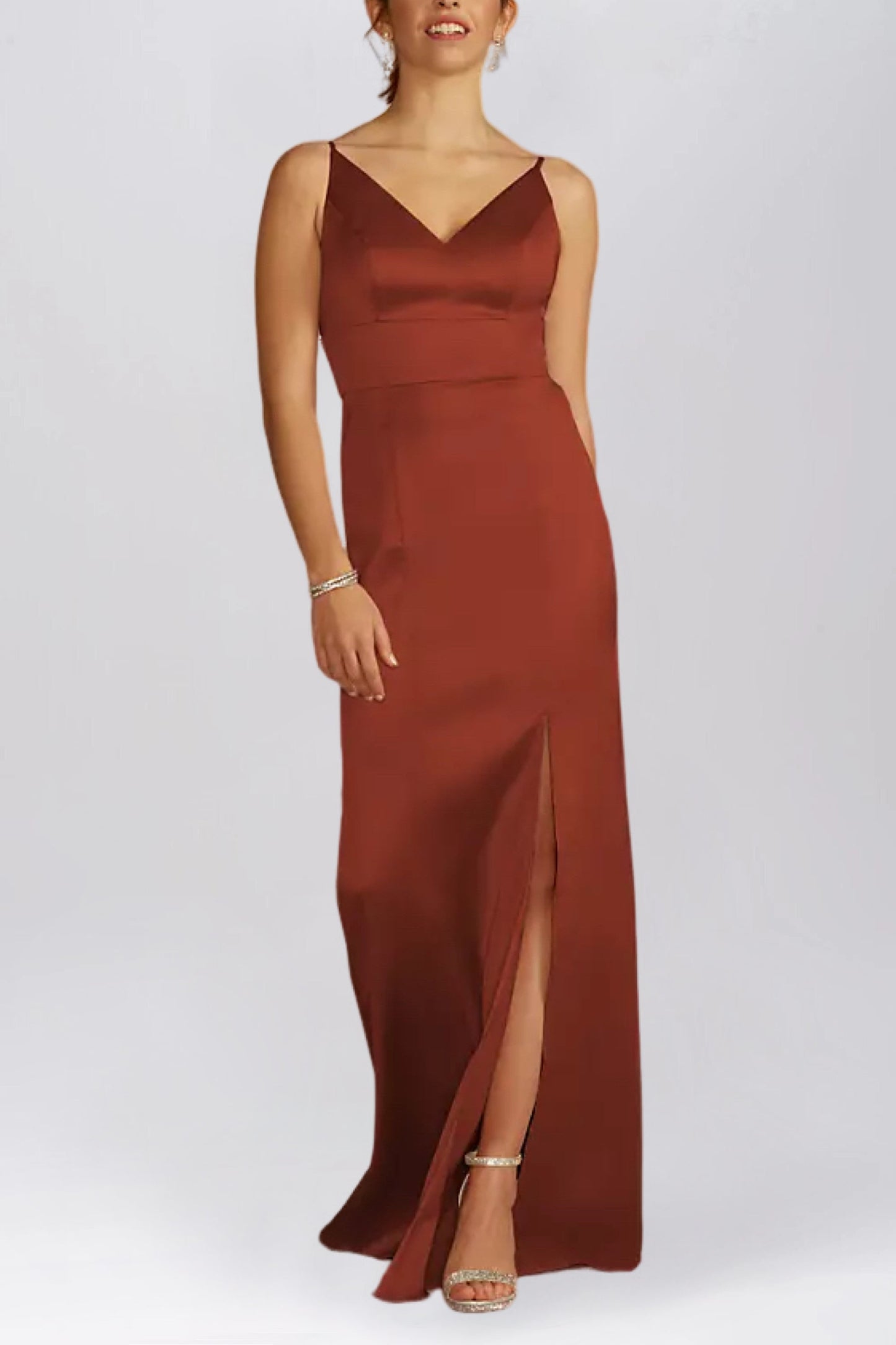 Stretch Satin Column V-Neck Sleeveless Bridesmaid Dress-F0313046