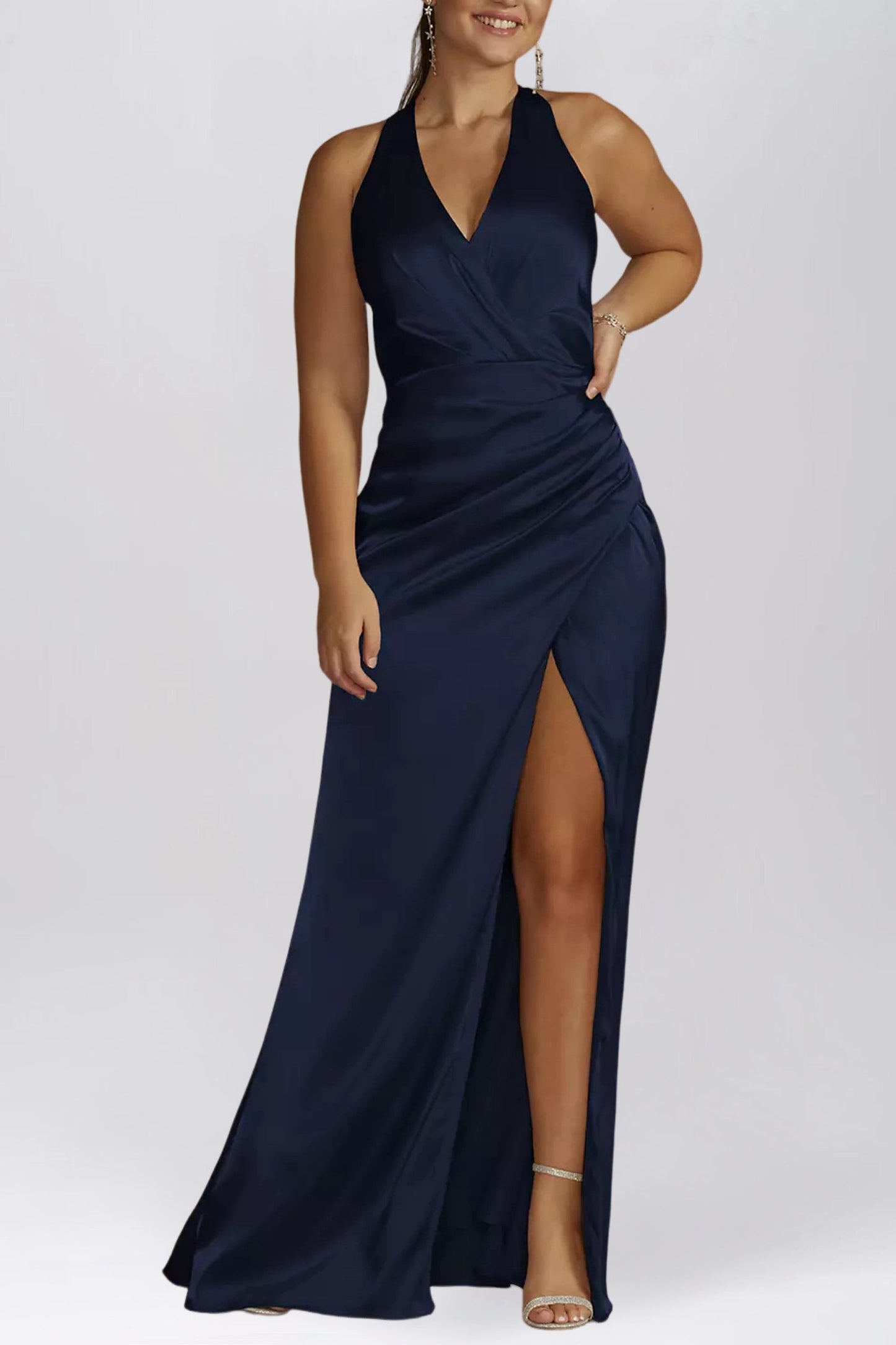 Stretch Satin Column V-Neck Sleeveless Bridesmaid Dress-F0313048