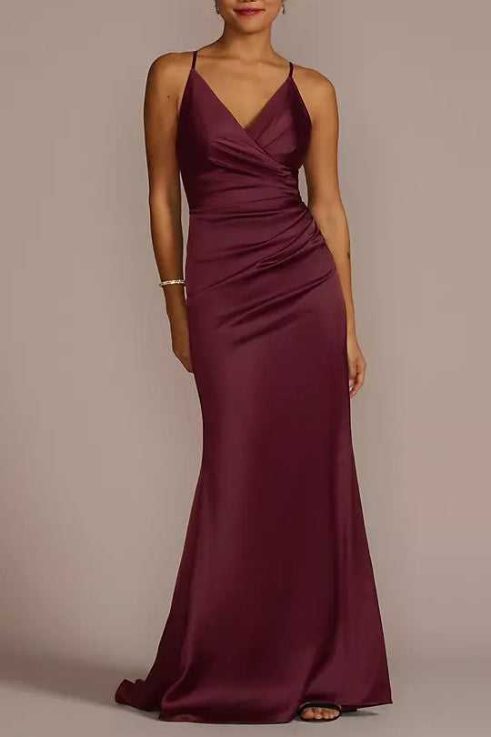 Stretch Satin Column V-Neck Sleeveless Bridesmaid Dress-F0313051